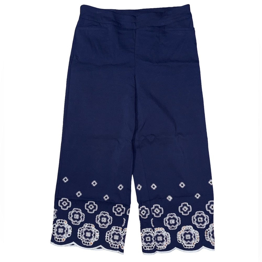 Chico's Dark Blue Wide Leg Pants with White Embroidery